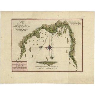 Antique Chile Coast Bay Map Chart by Anson from Voyage Around the World, 1749 For Sale