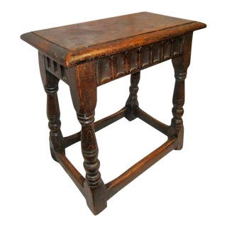 Early 18thc English Carved Oak Joint Stool With Pegged Construction For Sale