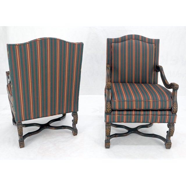 Pair of Carved Bases & Arms Striped Upholstery Fire Side Arm Lounge Chairs MINT! For Sale - Image 11 of 18
