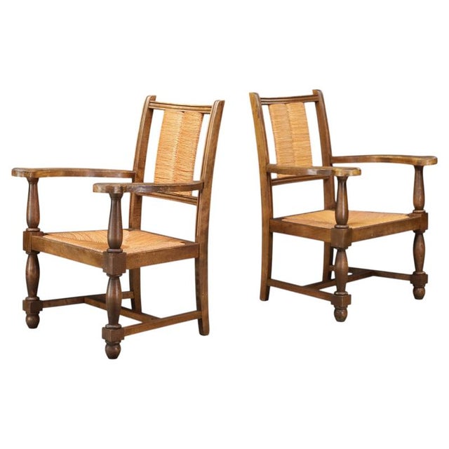 French Oak and Rush Armchairs in the style of Charles Dudouyt, France, 1940, Set of 2 For Sale - Image 11 of 11