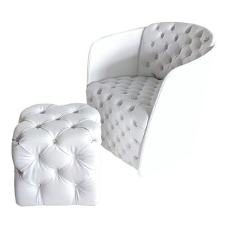 Modern Italian White Leather Tufted Armchair & Ottoman For Sale