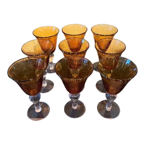 Late 20th Century Amber Bubble Blown Glass Goblets Water Glasses- Set of 9