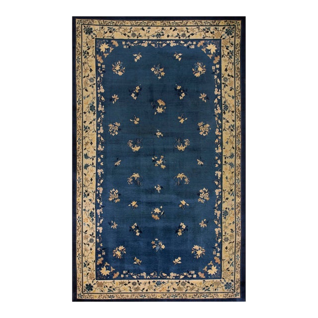 1900s Blue Traditional Floral Deco Antique Peking Chinese Knotted Wool Rug For Sale
