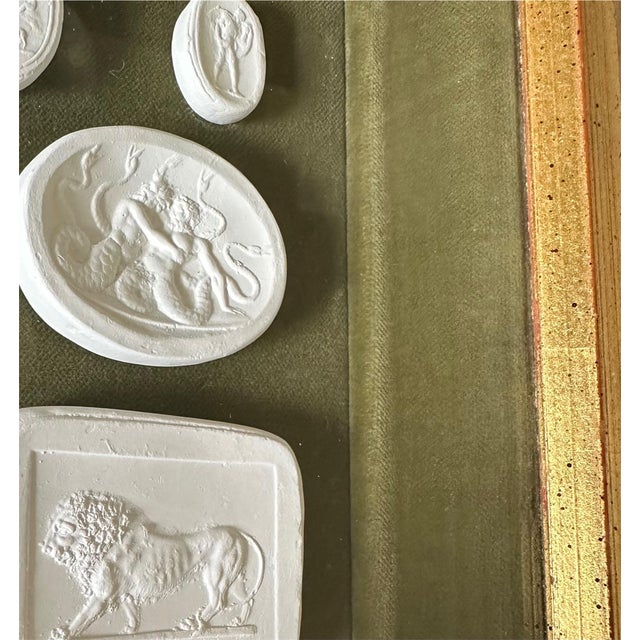 Late 20th Century Gilt Framed White Plaster Grand Tour Intaglios / Cameos on Moss Green Velvet For Sale - Image 5 of 6