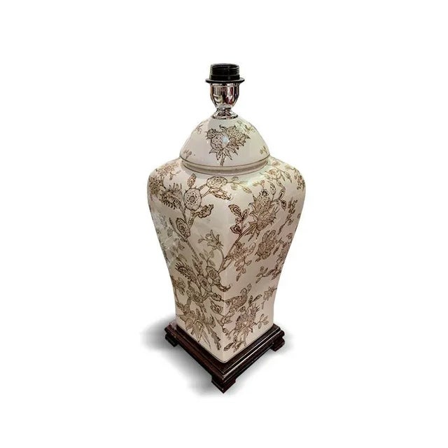 2000 - 2009 Early 21st Century Large Asian Taupe Printed Pattern Porcelain Table Lamp For Sale - Image 5 of 6