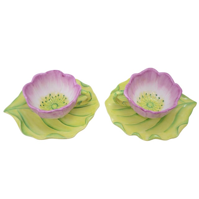 Pair of Italian ceramic flower cups and leaf saucers made by Vietri of Italy as part of the Water Garden Collection in...