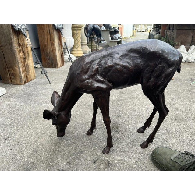 Brown Bronze Grazing Fawn Deer Garden Sculpture For Sale - Image 8 of 15