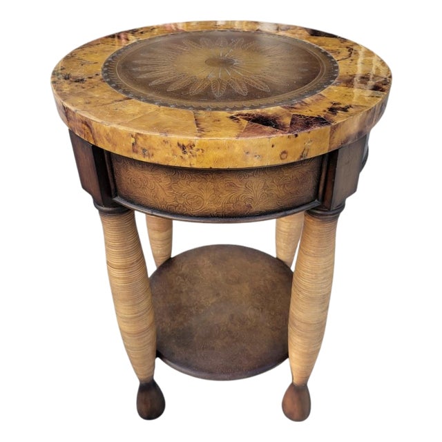 Vintage Theodore Alexander Style Pen Shell Leather Rattan Round Side Table For Sale