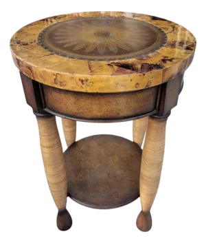 Vintage Theodore Alexander Style Pen Shell Leather Rattan Round Side Table