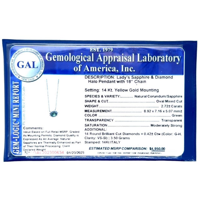 Natural Sapphire Diamond Halo Pendant With Chain 18" 14k YG 3.14 TCW Certified For Sale - Image 10 of 13