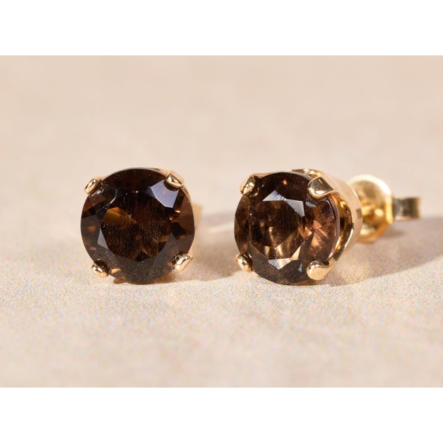 The Fairbanks Ranch: 14K Gold Smokey Quartz Stud Earrings, 2 Pieces For Sale - Image 4 of 6