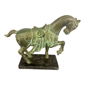 Mid 20th Century Vintage Green Bronze Tang Dynasty Style Prancing Horse Sculpture With Black Marble Base