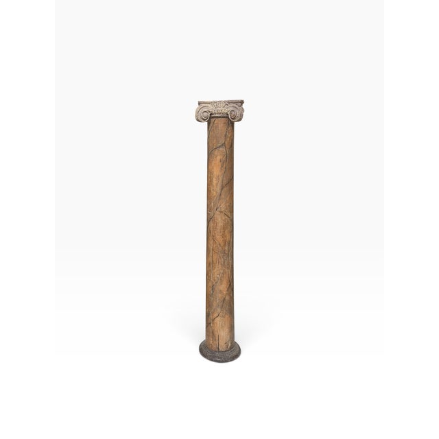 Antique Neoclassical Corinthian Column in Faux Marble Painted Wood.