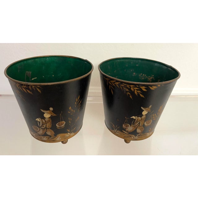 Chinoiserie Antique Pair Chinoiserie Hand Painted Tole Cachepots For Sale - Image 3 of 11