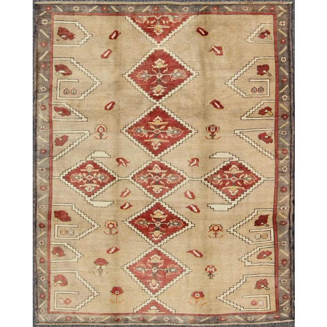 Vintage Turkish Oushak Rug With Bold Diamond Medallions in Red and Beige For Sale - Image 9 of 9