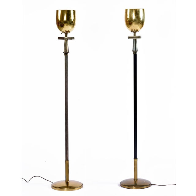 1960s Pair of Art Deco Regency Greek Key Brass Chalice Stiffel Torchiere Floor Lamps Set For Sale - Image 5 of 13