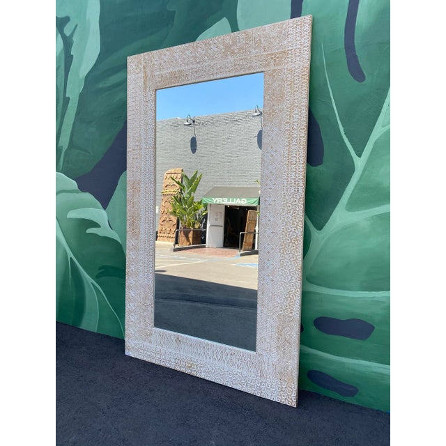 Wood Vintage Large White Umbuka Carved Mirror For Sale - Image 7 of 8