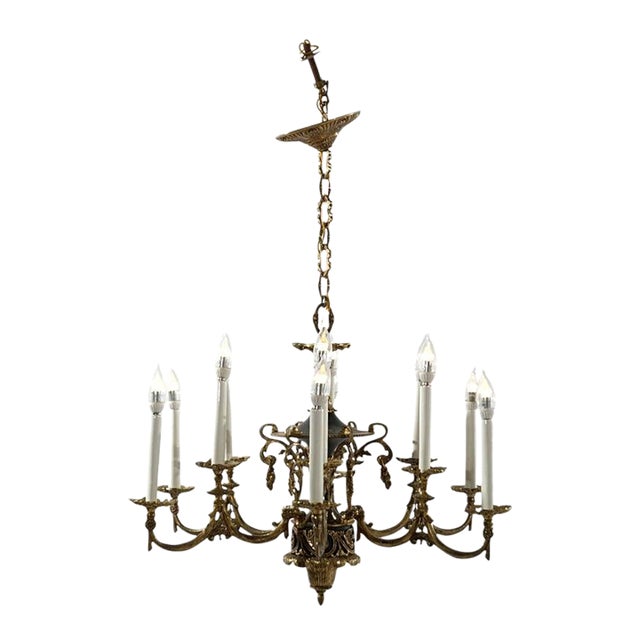 Antique French Empire Style Ebonized Bronze 12 Light Chandelier C1930 For Sale