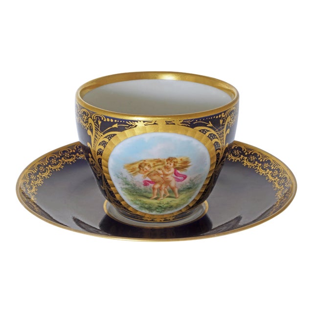 KPM Berlin Antique Porcelain Cup & Saucer Signed Cobalt & Gilt 1849–1870 Marks Collector Gift For Sale