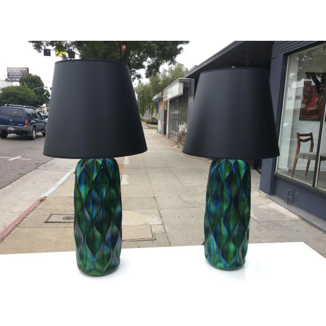 Pair of Tall Mid-Century Iridescent Ceramic Table Lamps – Blue & Green Glaze With Custom Shades For Sale - Image 12 of 12