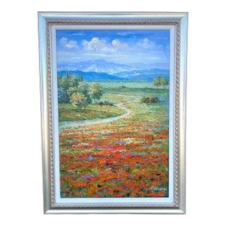 Large Modern Impressionist Oil Painting of Wildflower Field Stream and Mountain For Sale