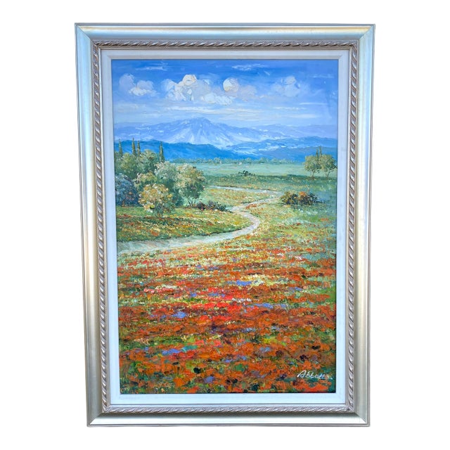 Large Modern Impressionist Oil Painting of Wildflower Field Stream and Mountain For Sale