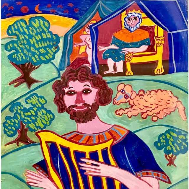 Folk Art Malcah Zeldis, Malcah Zeldis Folk Art Gouache Painting King David Self Taught Outsider Artist, 1982 For Sale - Image 3 of 9