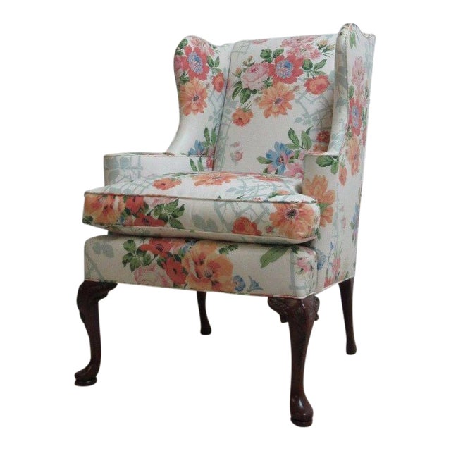 Vintage Floral Queen Anne Cherry Wingback Chair Chairish