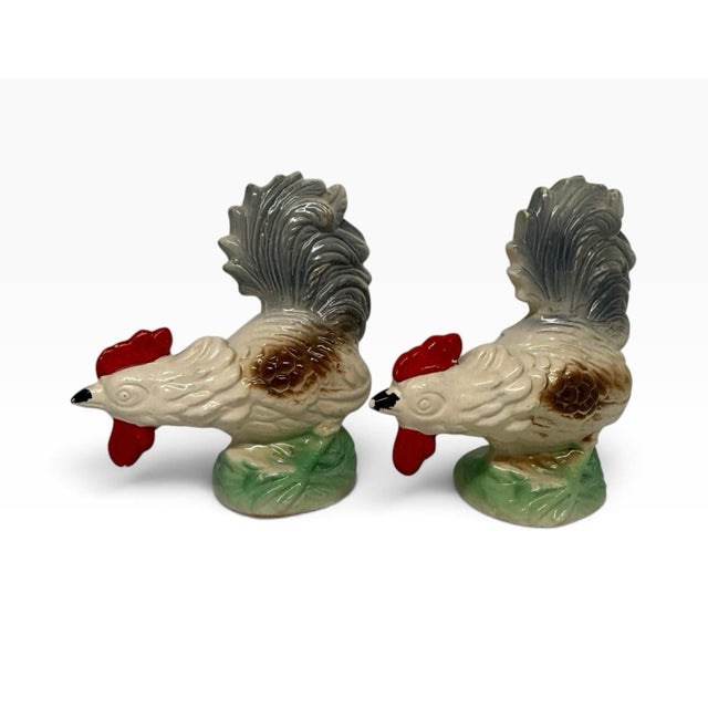 Vintage Hand-Painted Lusterware Ceramic Rooster Figurines From Brazil - A Pair For Sale - Image 12 of 12