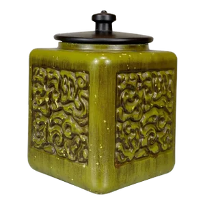 Mid-Century Abstract Avocado Green Art Pottery Lidded Cookie Jar