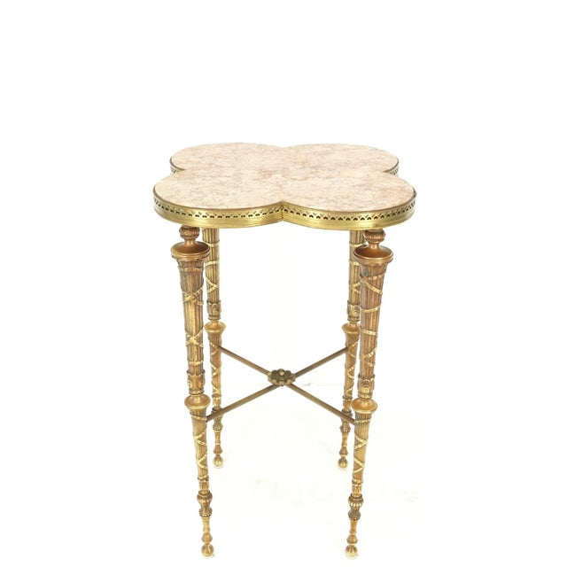Traditional Exception Clover Shape Pink Marble Top Fluted Brass Legs Tall Pedestal Stand For Sale - Image 3 of 15