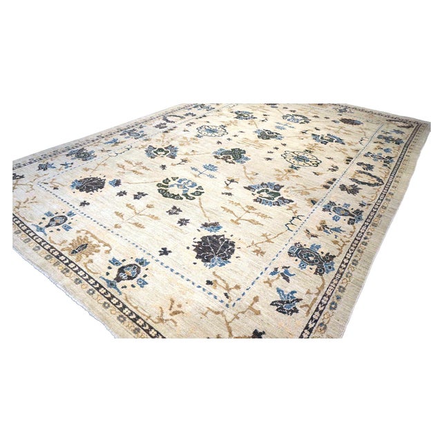21st Century Turkish Oushak Wool 9x13 Ivory, Olive & Blue Handmade Area Rug #1140406 For Sale - Image 4 of 9