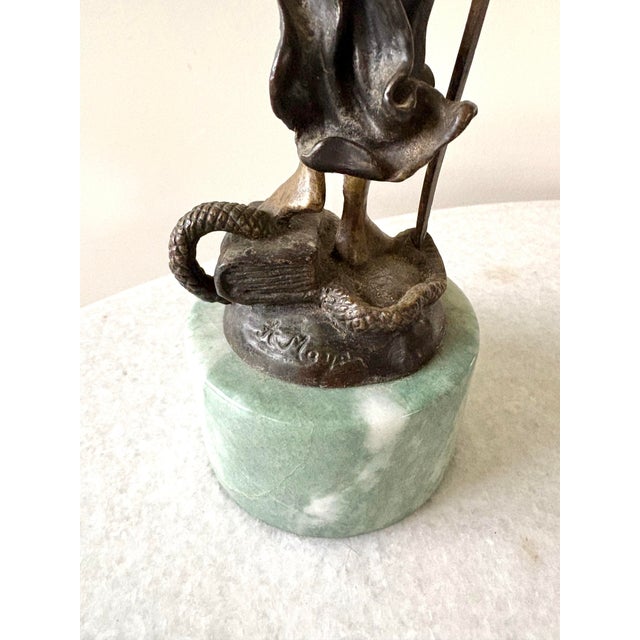 Art Deco Bronze Statue of Lady Justice Signed by Artist Alois Mayer and Mounted on a Green Marble Base. For Sale - Image 4 of 6