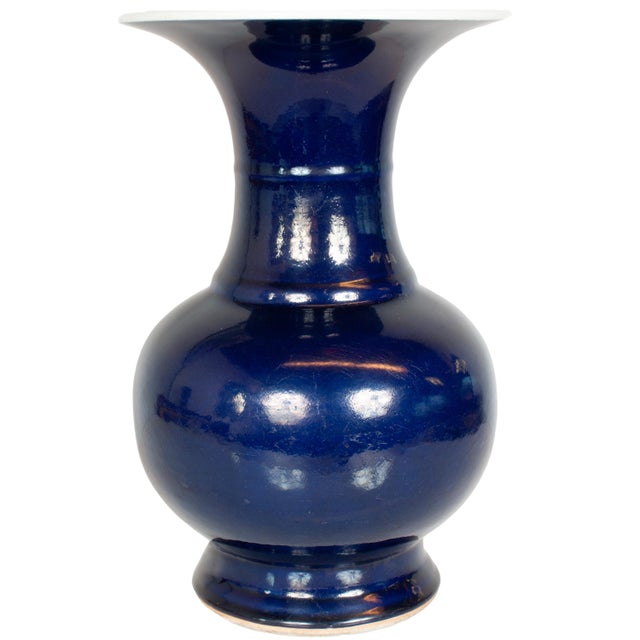 Asian Large Antique Chinese Qing Dynasty Powder Blue Porcelain YenYen Shaped Vase 1850 For Sale - Image 3 of 12