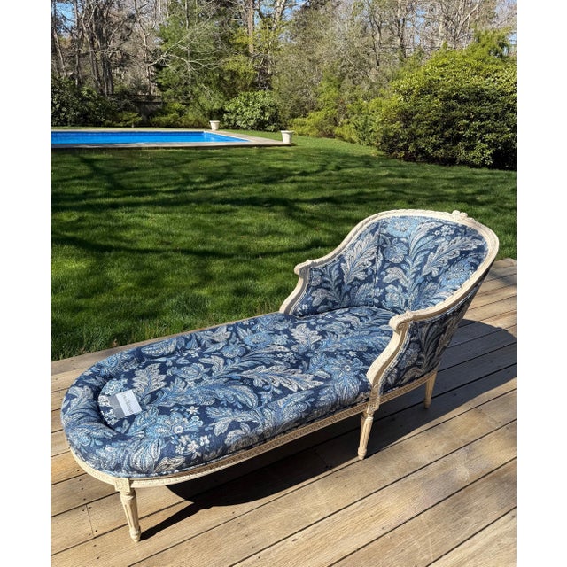 Custom Louis XVI Style Blue Chaise Lounge in Ralph Lauren For Sale - Image 10 of 15