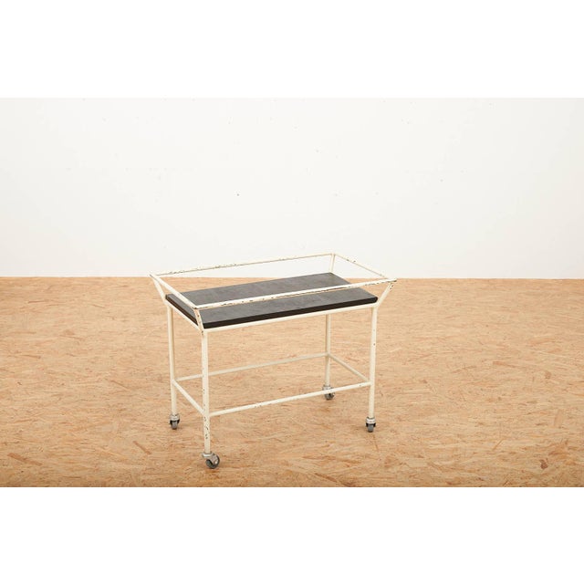 Tea Serving Trolley with White Lacquered Tubular Steel Frame and Black Lacquered Wooden Board For Sale - Image 3 of 10