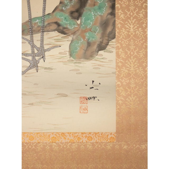 Taisho to Showa Era Japanese Silk Scroll Painting "Two Cranes and a Pine Tree" For Sale - Image 14 of 18
