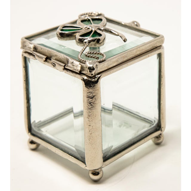 Vintage Sterling Silver and Beveled Glass Trinket Box with Clover For Sale - Image 10 of 12