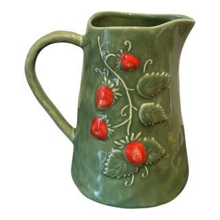Portuguese Majolica Strawberry Pitcher – Sage Green Earthenware, Hand-Painted Relief Fruit Design, Bordallo Pinheiro Style For Sale