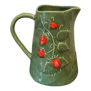 Portuguese Majolica Strawberry Pitcher – Sage Green Earthenware, Hand-Painted Relief Fruit Design, Bordallo Pinheiro Style