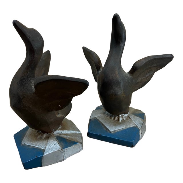 Machine Age Cast Iron Goose Bookends, American Art Deco, C. 1930s For Sale