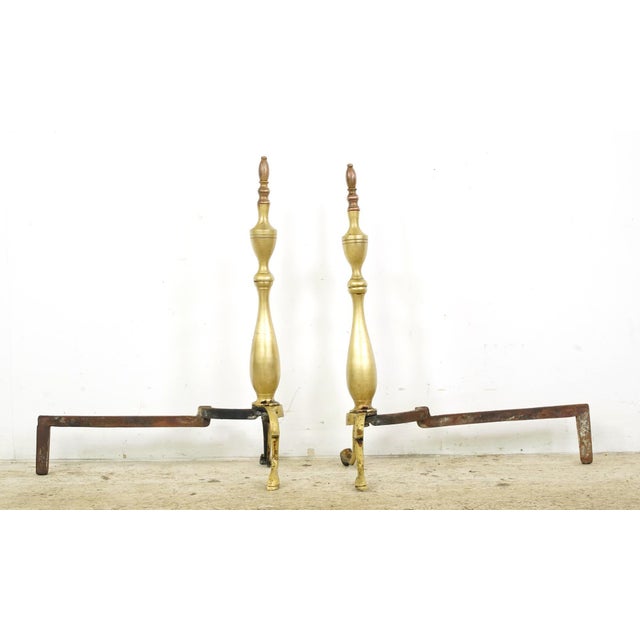 Pair of Antique Federal Brass Fireplace Andirons For Sale - Image 4 of 8