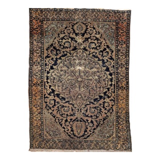 19th Century Persian Farahan Sarouk Rug, Hand-Knotted Wool, Floral Medallion Pattern, Ivory & Navy, 5x6 For Sale