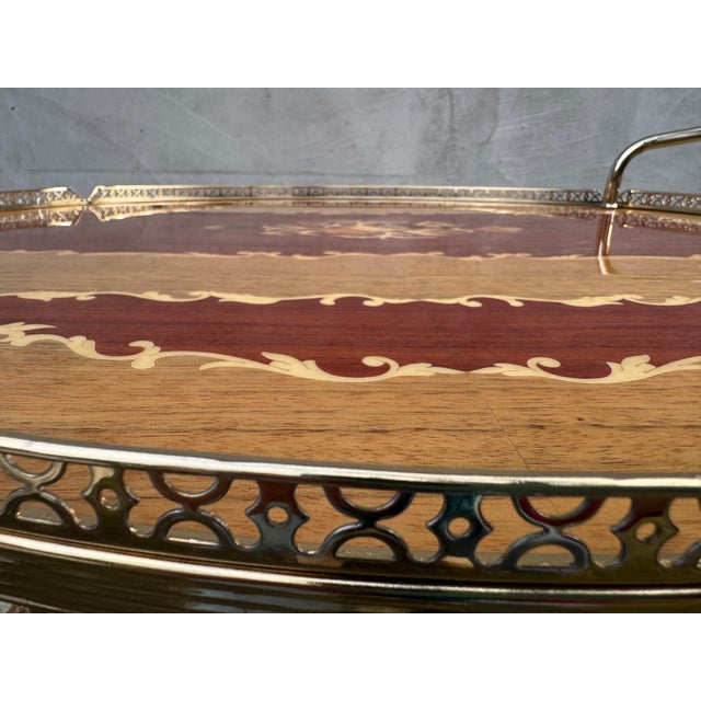 Vintage Brass and Marquetry Bar Cart, Italian Style Drinks Trolley with Folding Leaves, 1960s, 1970s For Sale - Image 9 of 18