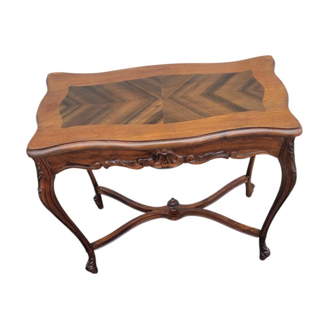 1930s French Louis XV Style Walnut Side Table – Carved Cabriole Legs & Inlaid For Sale - Image 4 of 16