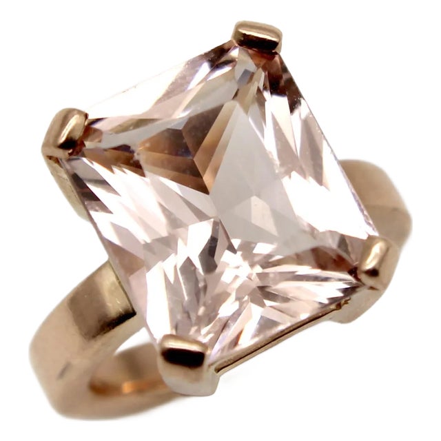 1980s Vintage 14k Rose Gold Emerald Cut Morganite Ring, Size 5.25 For Sale