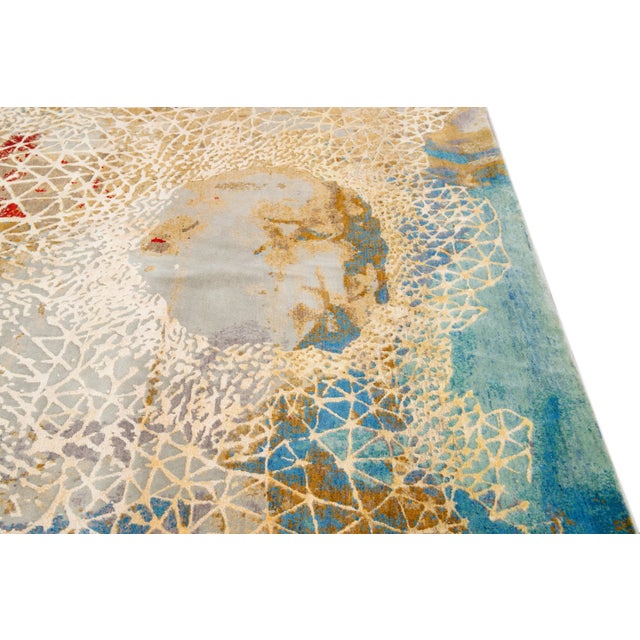 Teal Modern Golden and Teal Abstract Indian Handmade Coastal Designed Wool & Silk Rug For Sale - Image 8 of 10