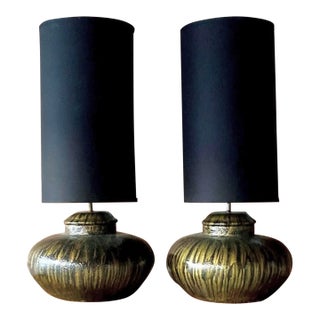 Pair of Vintage Modern Monumental Table Lamps in Black + Gold Ceramic | Late 20th Century For Sale