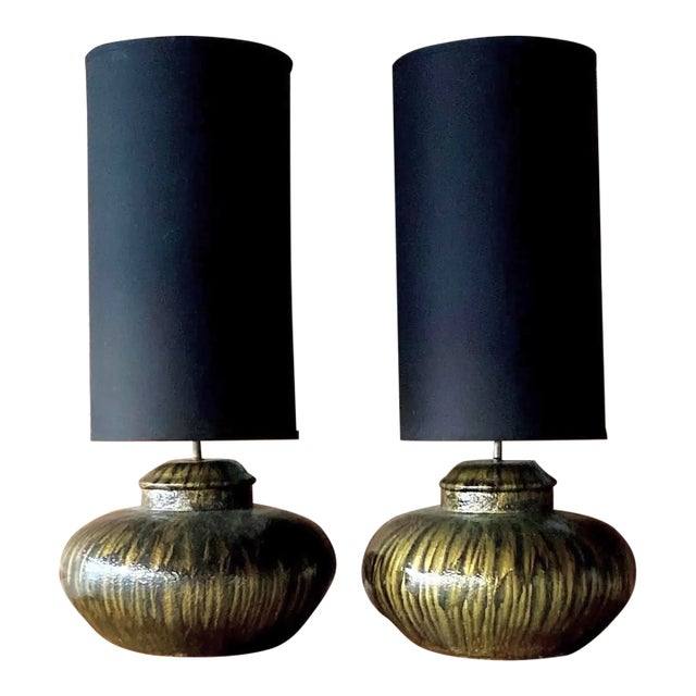 Pair of Vintage Modern Monumental Table Lamps in Black + Gold Ceramic | Late 20th Century For Sale