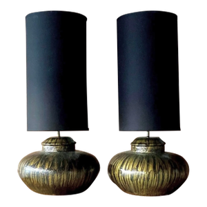 Pair of Vintage Modern Monumental Table Lamps in Black + Gold Ceramic | Late 20th Century